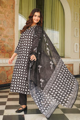 black rayon blend geometric printed straight kurta trousers with dupatta 