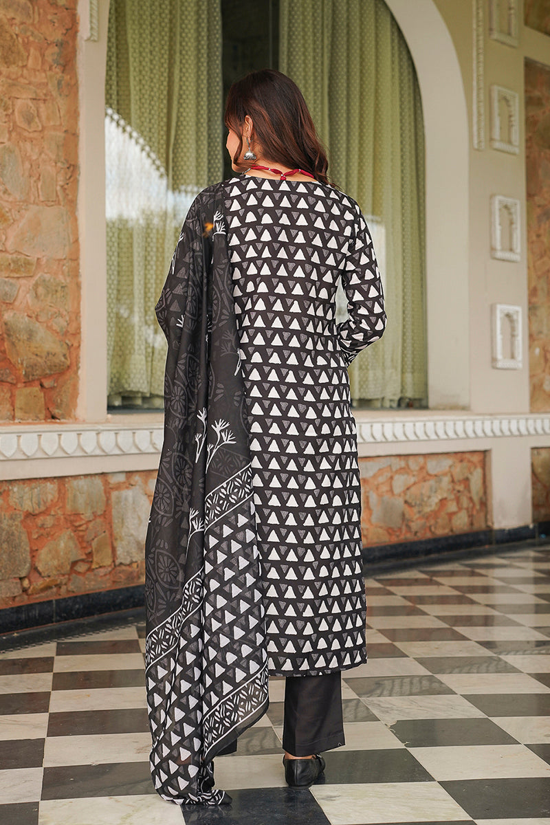 black rayon blend geometric printed straight kurta trousers with dupatta 