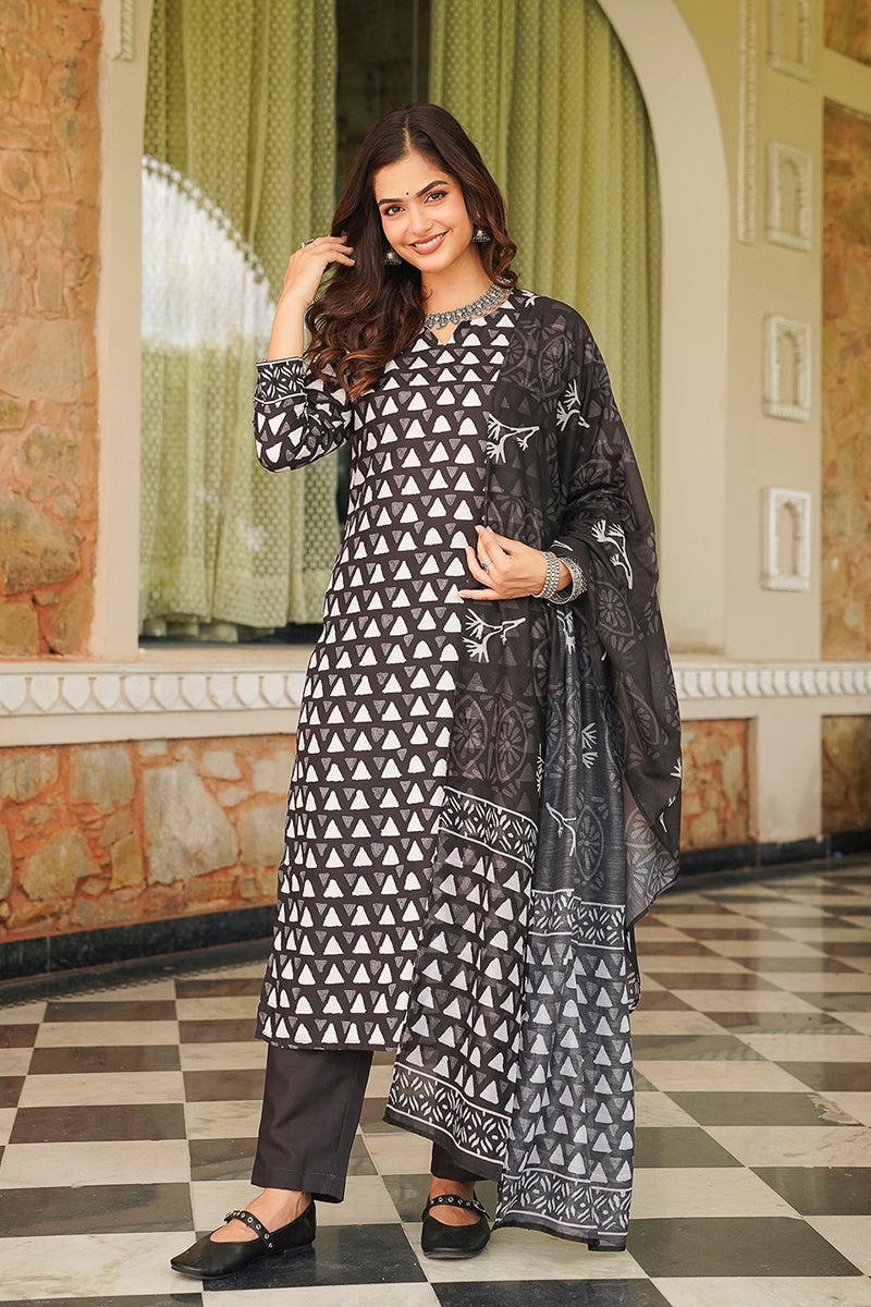 black rayon blend geometric printed straight kurta trousers with dupatta 
