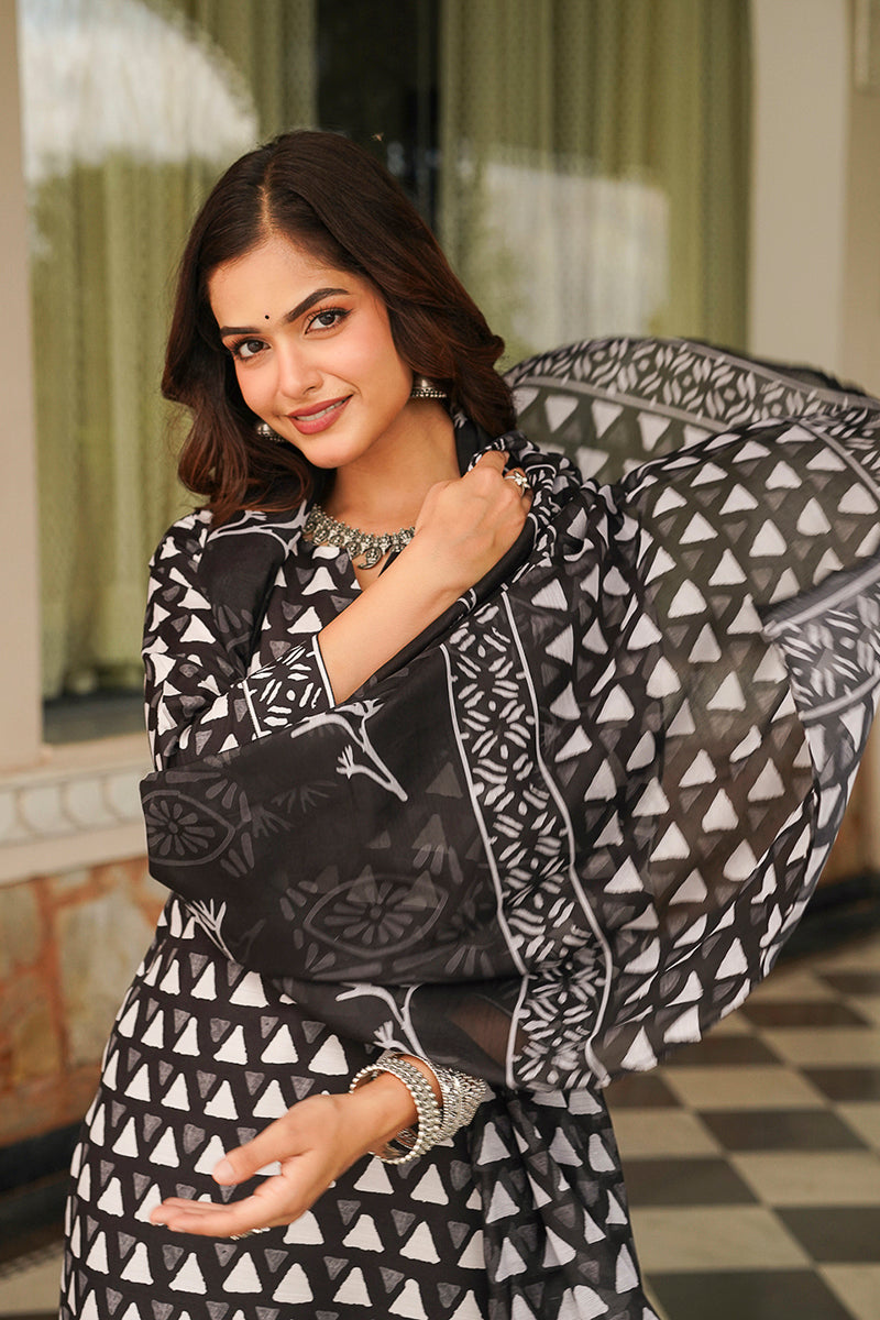 black rayon blend geometric printed straight kurta trousers with dupatta 