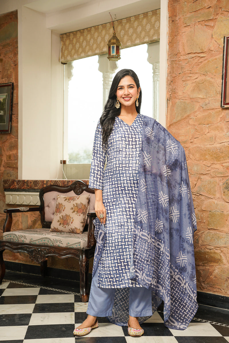 blue rayon blend batik printed straight kurta trousers with dupatta vkskd2395
