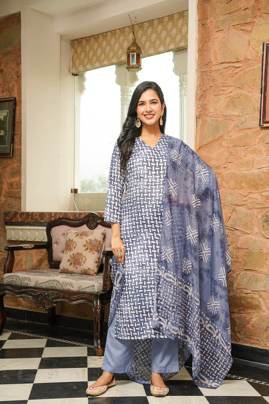 blue rayon blend batik printed straight kurta trousers with dupatta vkskd2395