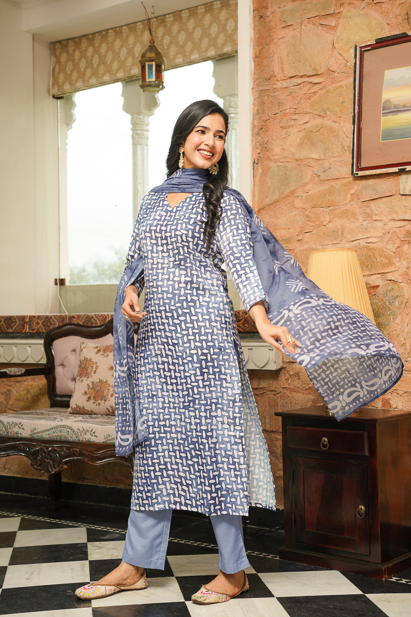blue rayon blend batik printed straight kurta trousers with dupatta vkskd2395