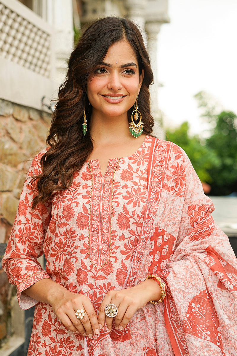 orange rayon blend floral printed straight kurta trousers with dupatta 