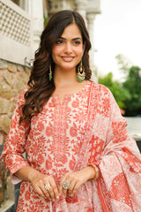 orange rayon blend floral printed straight kurta trousers with dupatta 
