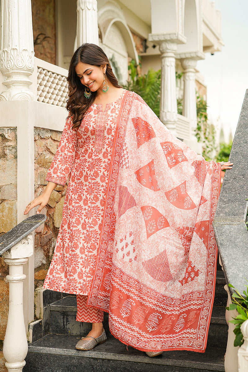 orange rayon blend floral printed straight kurta trousers with dupatta 