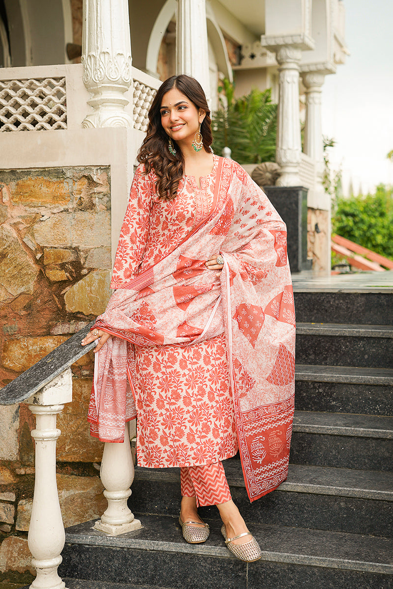 orange rayon blend floral printed straight kurta trousers with dupatta 