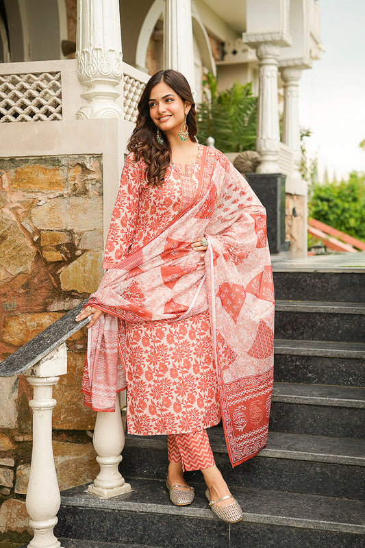 orange rayon blend floral printed straight kurta trousers with dupatta 