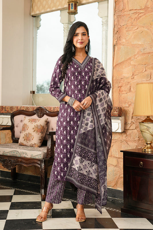 purple rayon blend ethnic motifs printed straight kurta trousers with dupatta 
