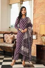 purple rayon blend ethnic motifs printed straight kurta trousers with dupatta 