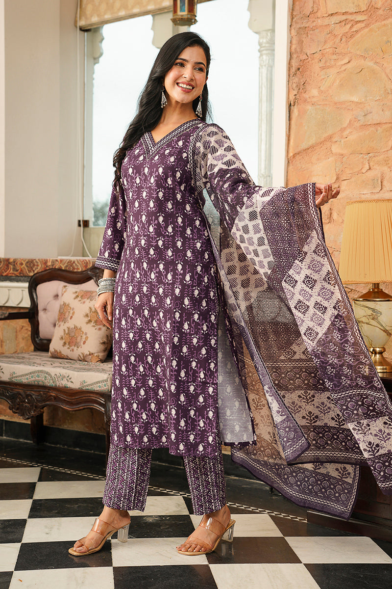 purple rayon blend ethnic motifs printed straight kurta trousers with dupatta 