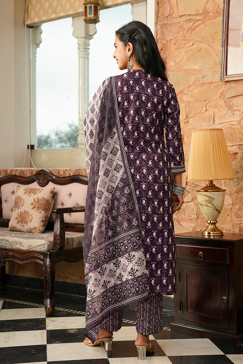 purple rayon blend ethnic motifs printed straight kurta trousers with dupatta 