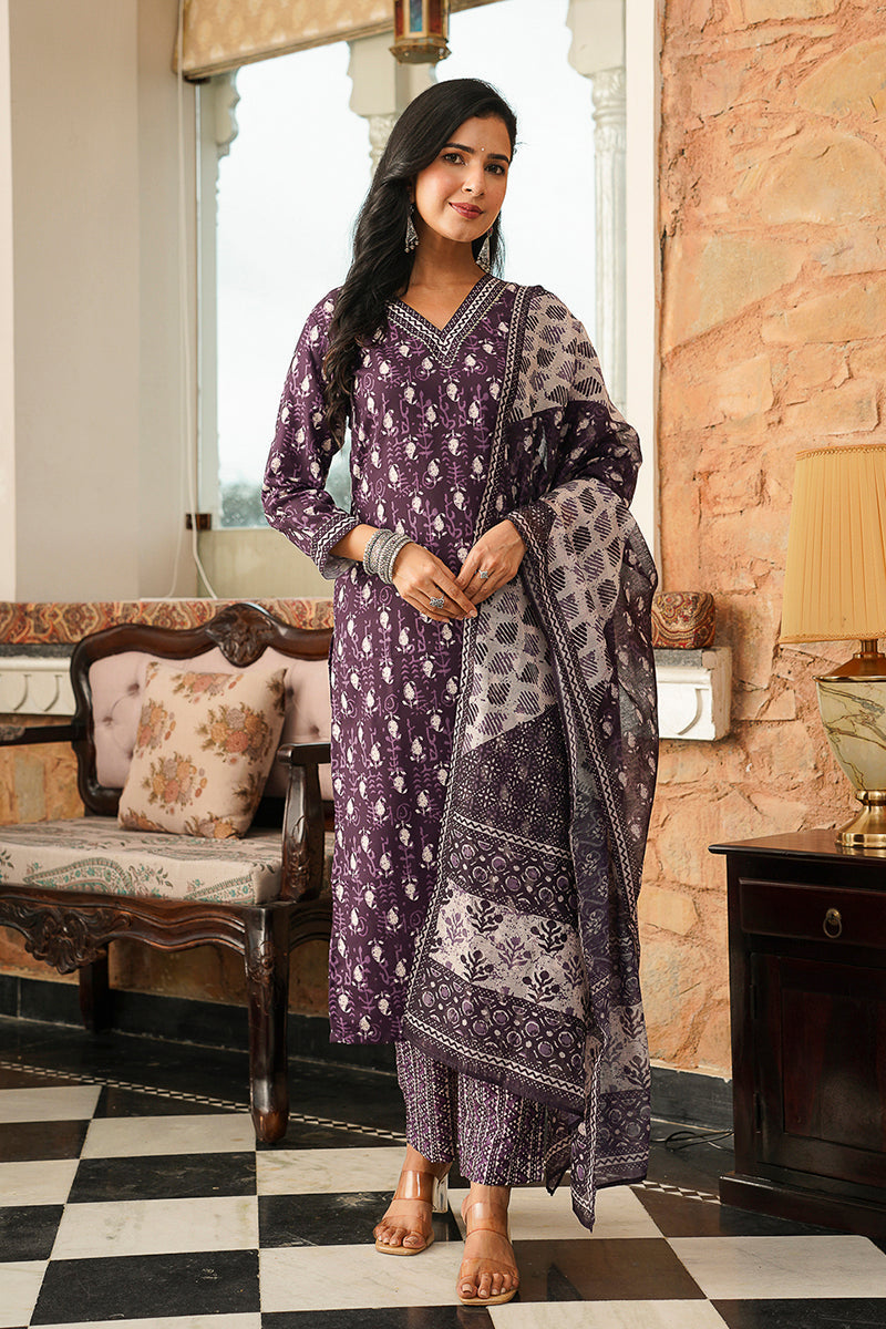 purple rayon blend ethnic motifs printed straight kurta trousers with dupatta 