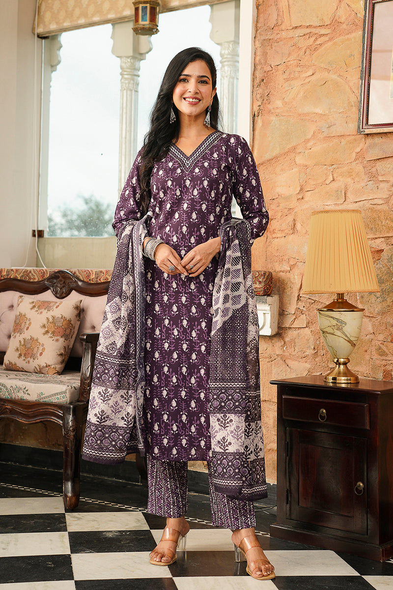 purple rayon blend ethnic motifs printed straight kurta trousers with dupatta 