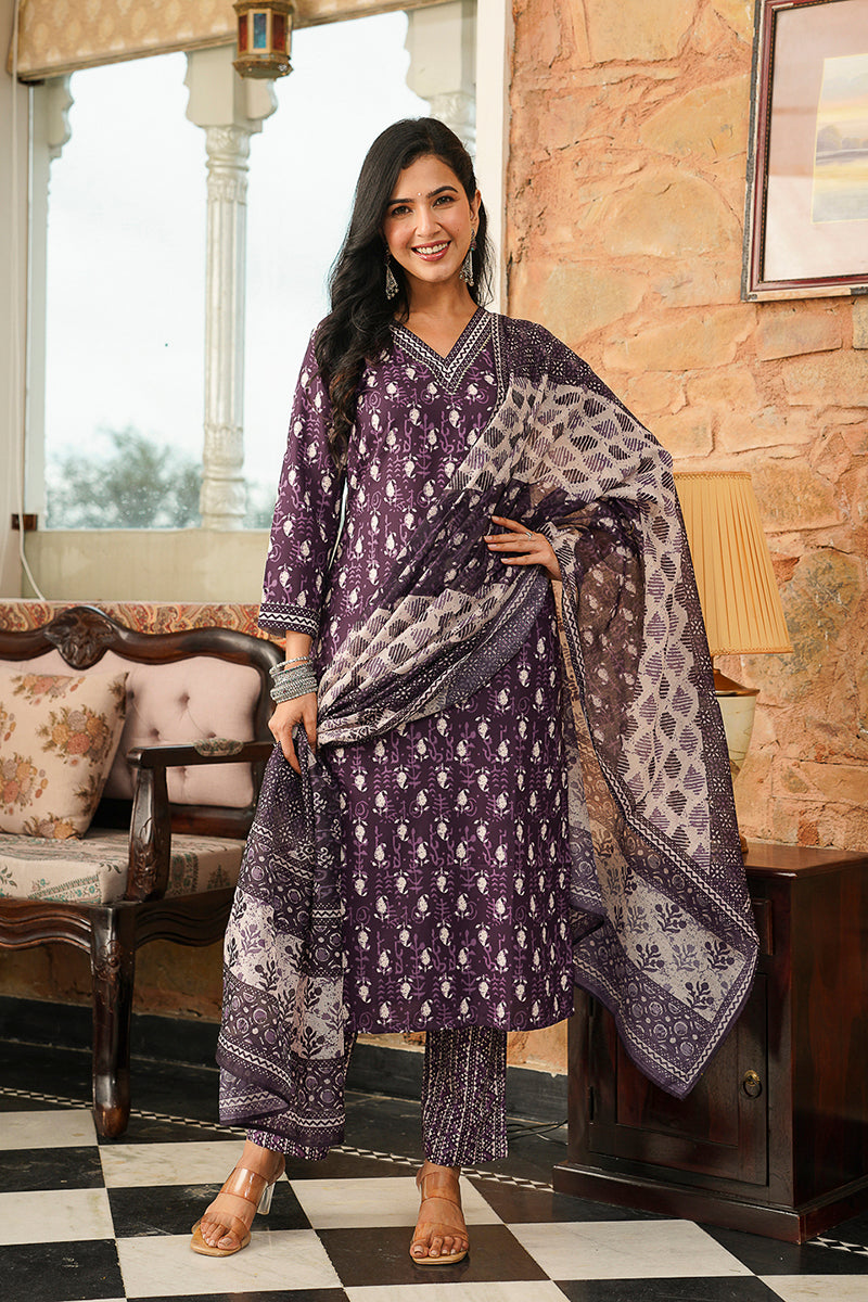 purple rayon blend ethnic motifs printed straight kurta trousers with dupatta 