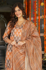 multicolor rayon blend ethnic motifs printed straight kurta trousers with dupatta 