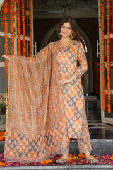 multicolor rayon blend ethnic motifs printed straight kurta trousers with dupatta 
