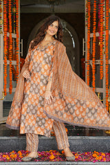 multicolor rayon blend ethnic motifs printed straight kurta trousers with dupatta 