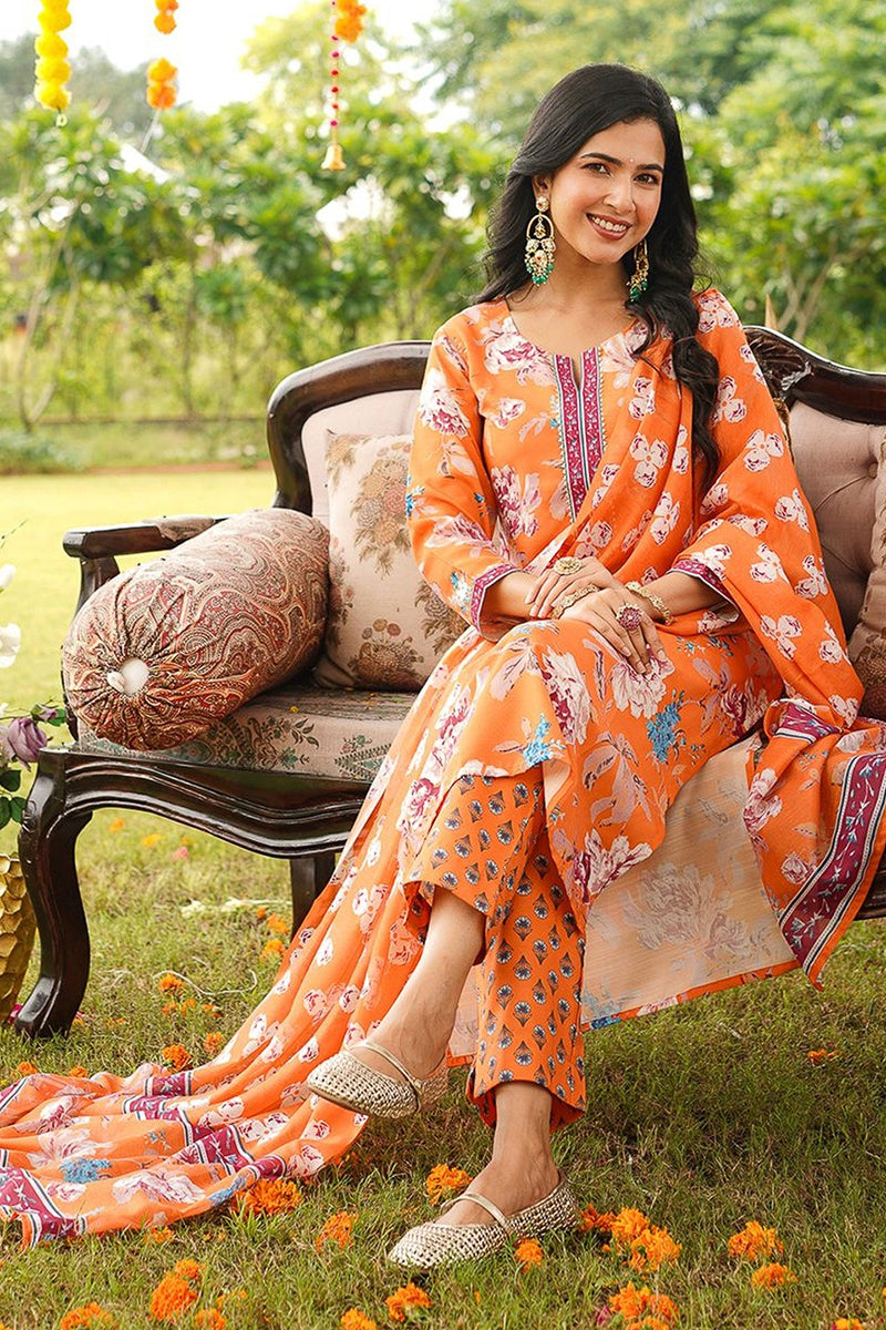orange rayon blend floral printed straight kurta trousers with dupatta 