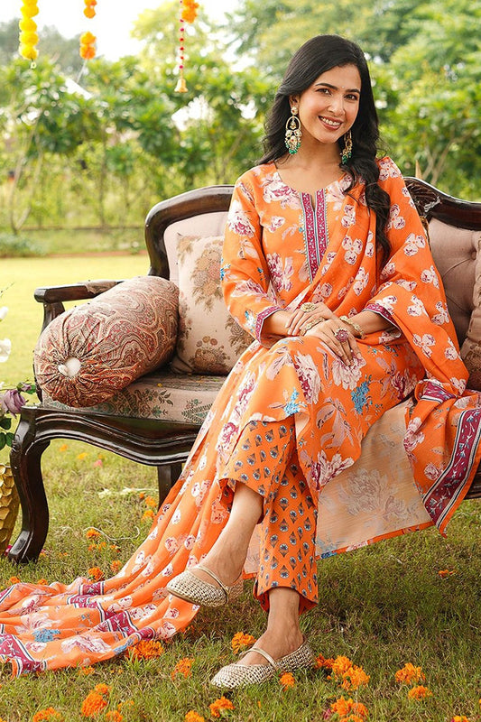 orange rayon blend floral printed straight kurta trousers with dupatta 