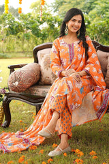 orange rayon blend floral printed straight kurta trousers with dupatta 