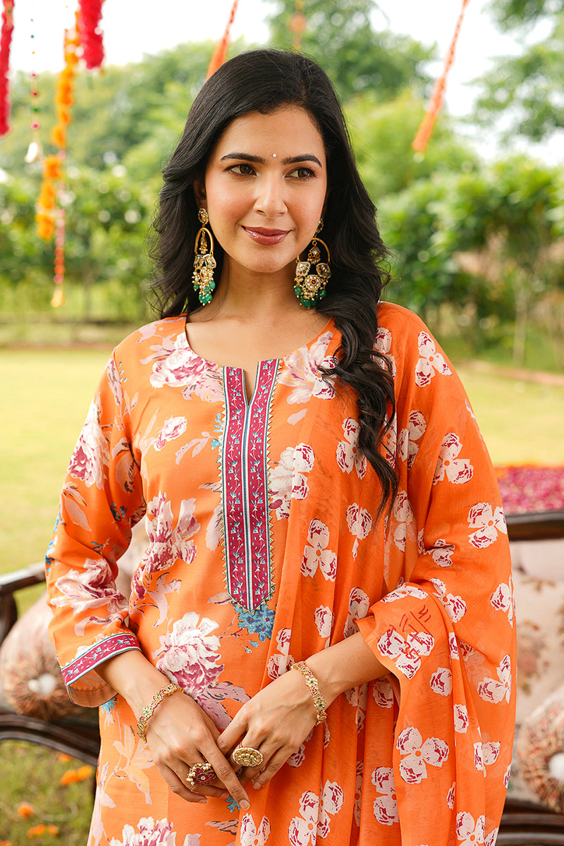 orange rayon blend floral printed straight kurta trousers with dupatta 