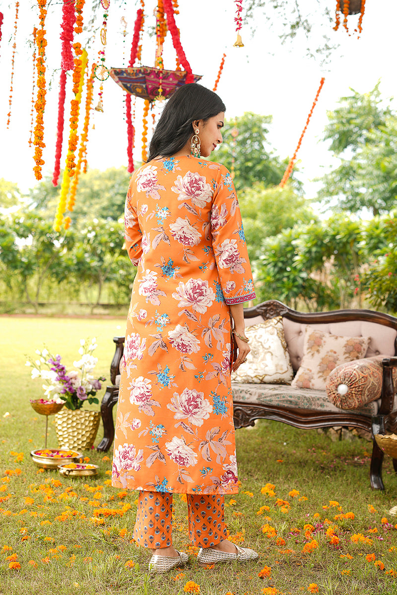 orange rayon blend floral printed straight kurta trousers with dupatta 