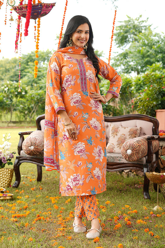 orange rayon blend floral printed straight kurta trousers with dupatta 