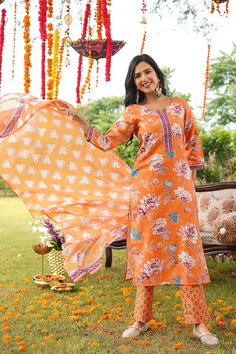 orange rayon blend floral printed straight kurta trousers with dupatta 