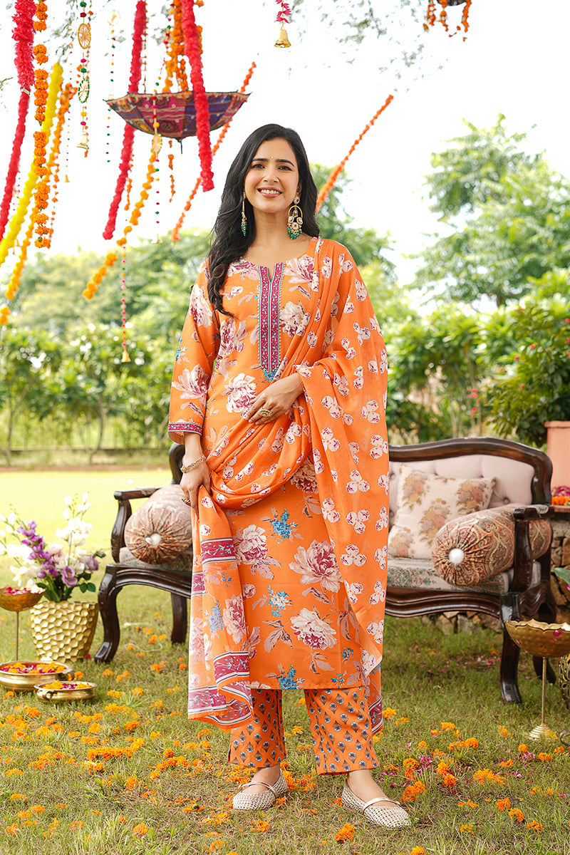orange rayon blend floral printed straight kurta trousers with dupatta 