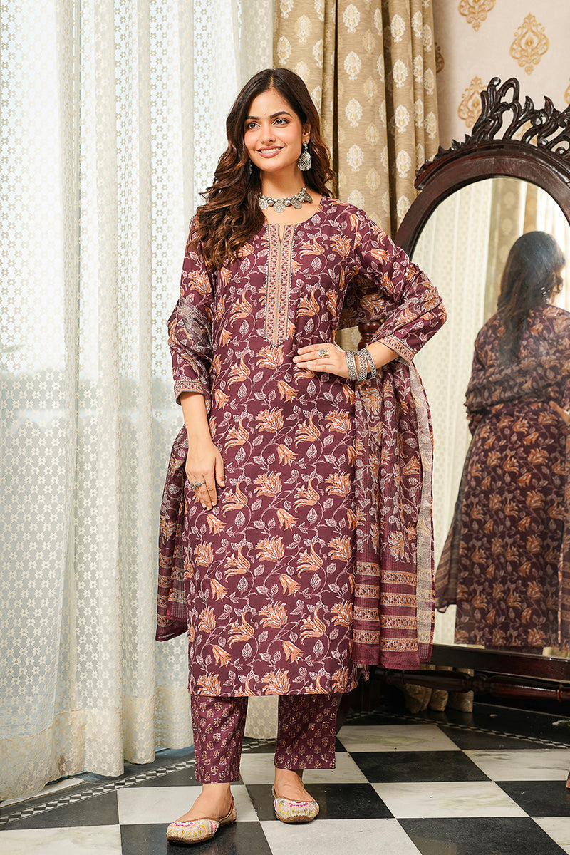 brown rayon blend floral printed straight kurta trousers with dupatta vkskd2404