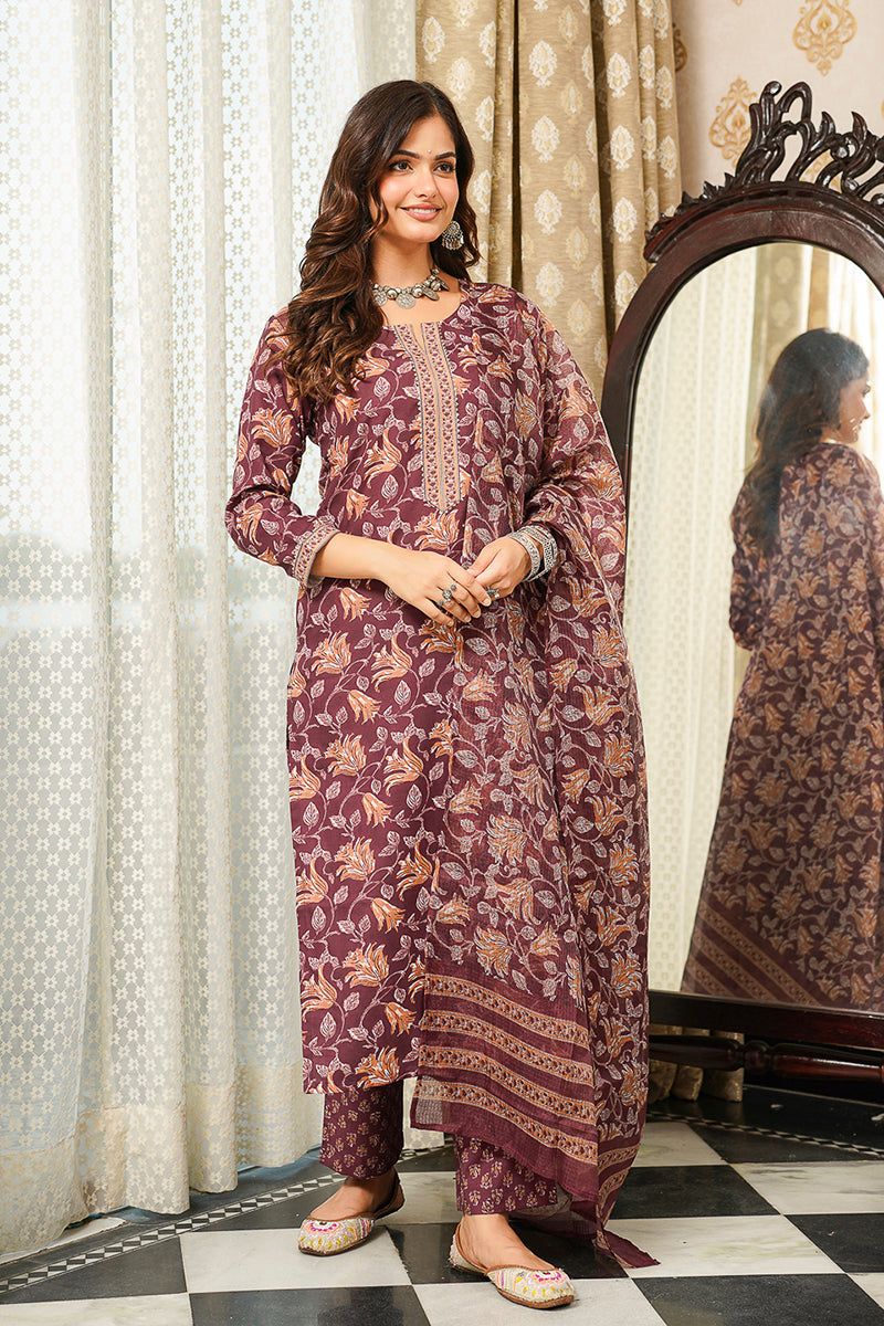 brown rayon blend floral printed straight kurta trousers with dupatta vkskd2404