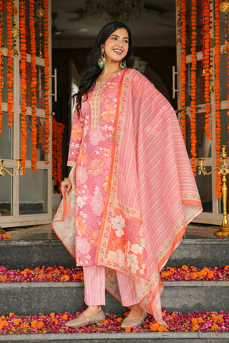 pink rayon blend floral printed straight kurta trousers with dupatta 