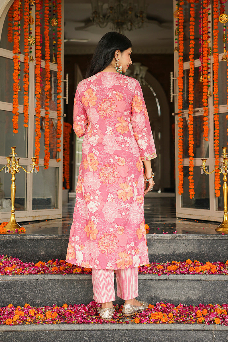 pink rayon blend floral printed straight kurta trousers with dupatta 