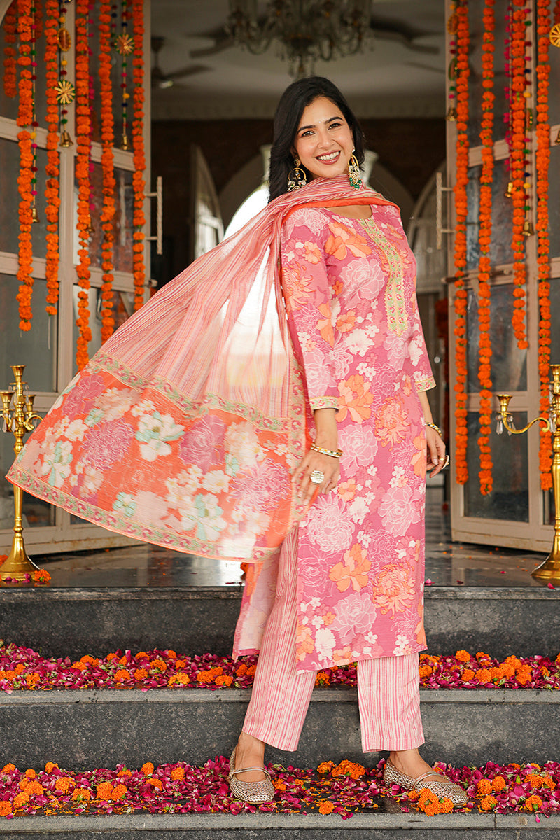 pink rayon blend floral printed straight kurta trousers with dupatta 