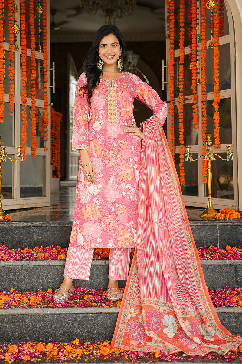 pink rayon blend floral printed straight kurta trousers with dupatta 