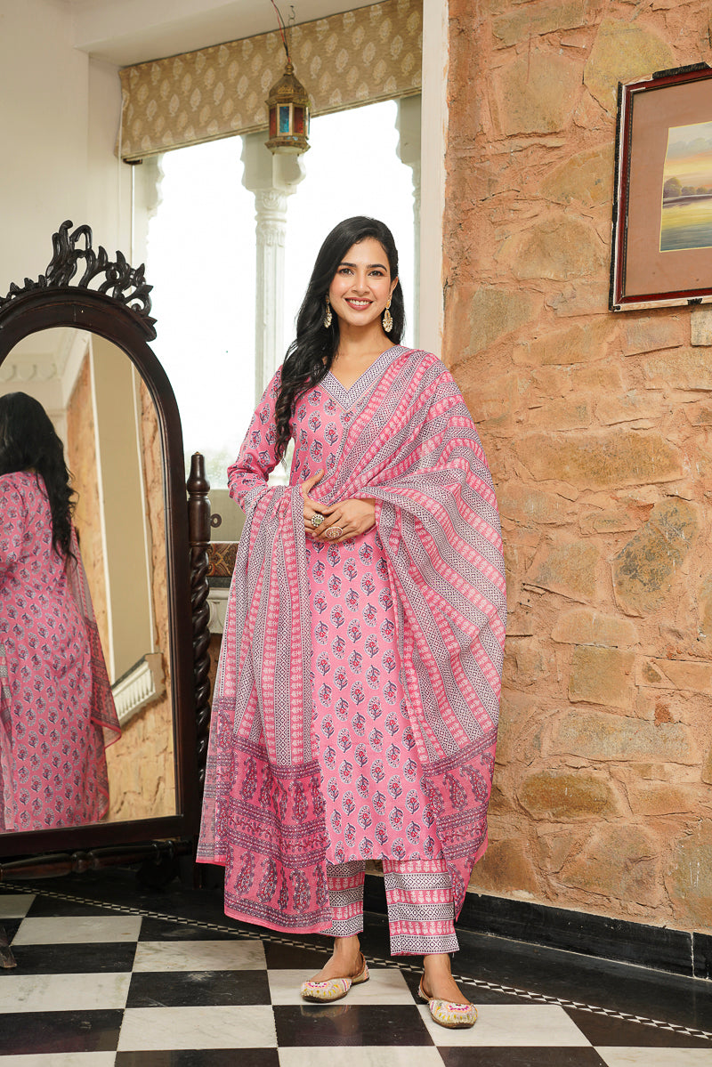 pink rayon blend ethnic motifs printed straight kurta trousers with dupatta 