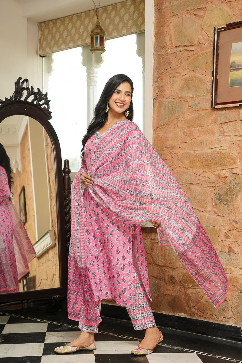 pink rayon blend ethnic motifs printed straight kurta trousers with dupatta 