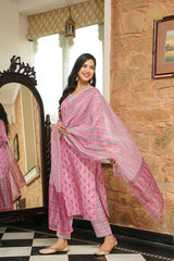 pink rayon blend ethnic motifs printed straight kurta trousers with dupatta 