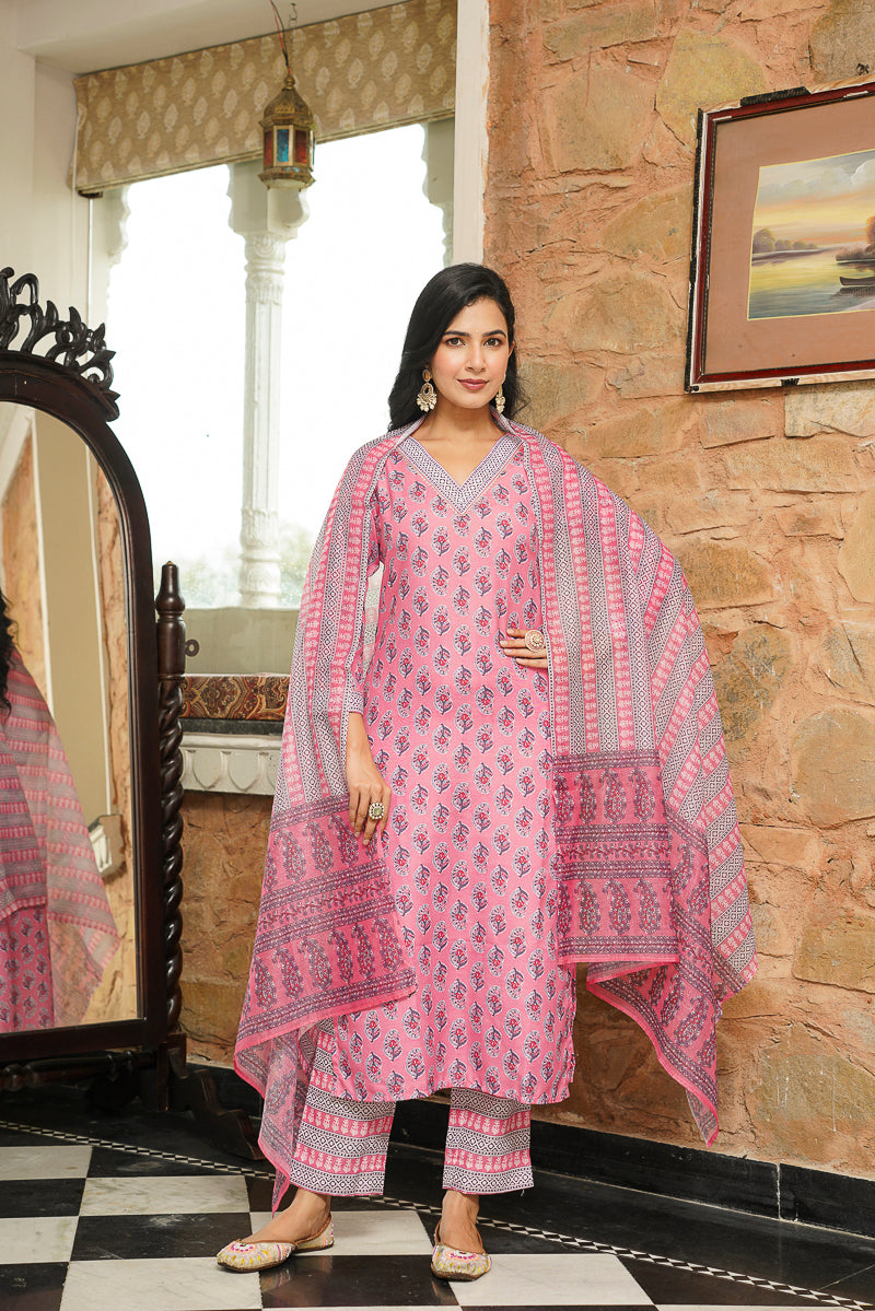 pink rayon blend ethnic motifs printed straight kurta trousers with dupatta 