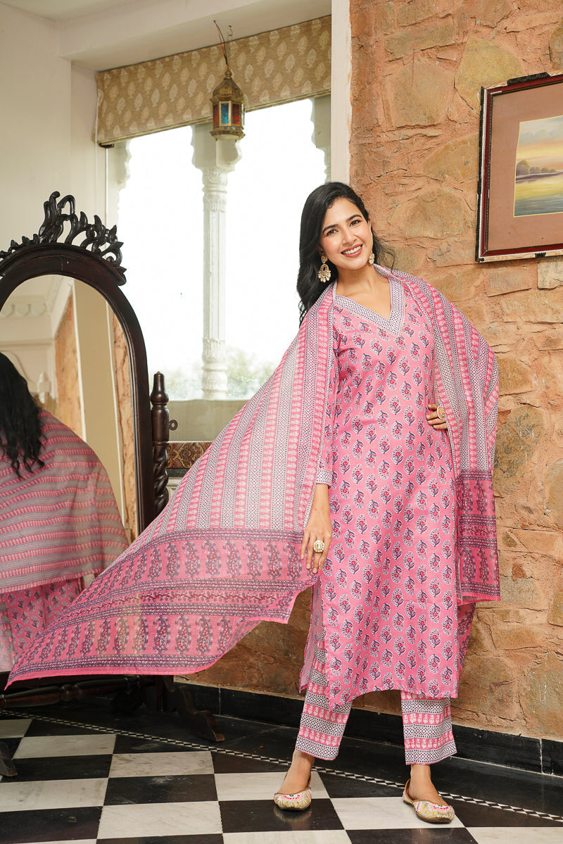 pink rayon blend ethnic motifs printed straight kurta trousers with dupatta 