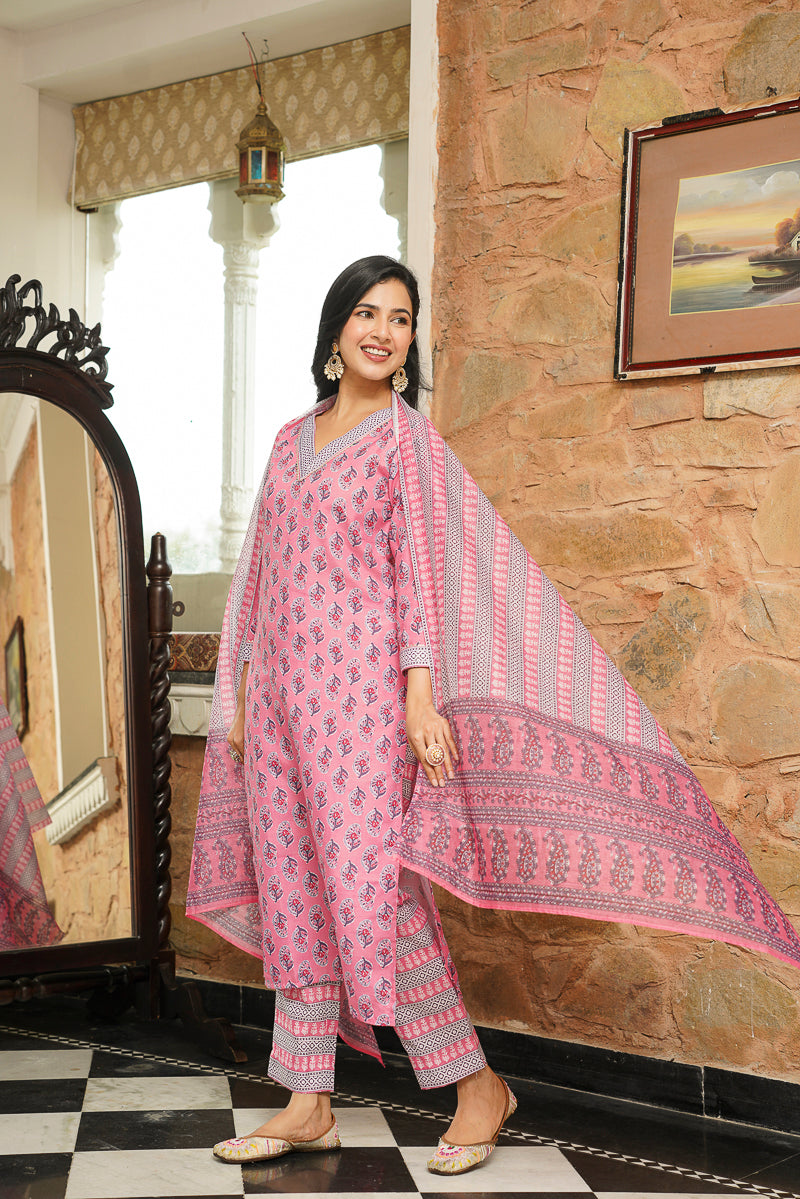 pink rayon blend ethnic motifs printed straight kurta trousers with dupatta 