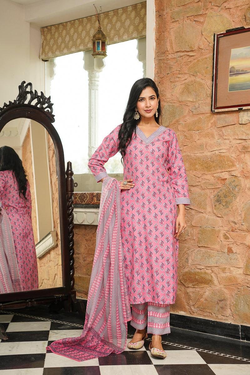 pink rayon blend ethnic motifs printed straight kurta trousers with dupatta 