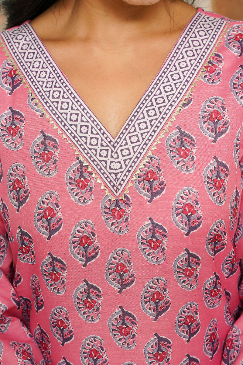 pink rayon blend ethnic motifs printed straight kurta trousers with dupatta 
