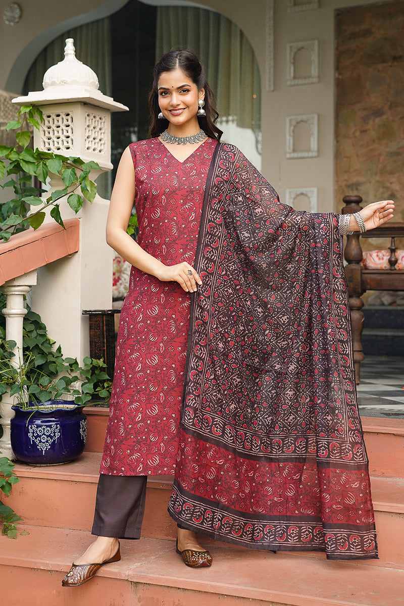 maroon rayon blend floral printed straight kurta trousers with dupatta 