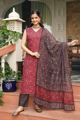 maroon rayon blend floral printed straight kurta trousers with dupatta 