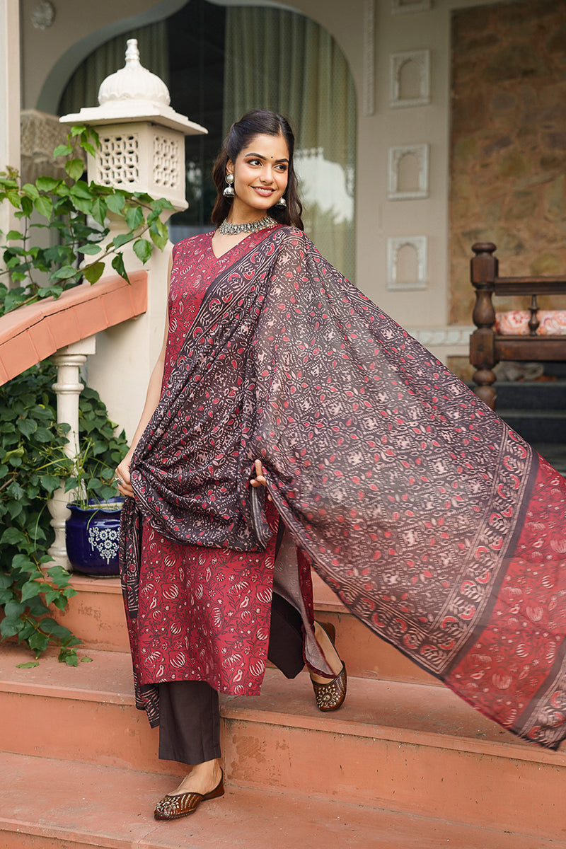 maroon rayon blend floral printed straight kurta trousers with dupatta 