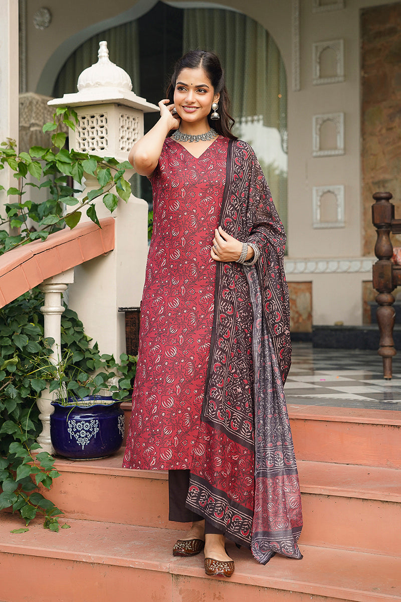 maroon rayon blend floral printed straight kurta trousers with dupatta 