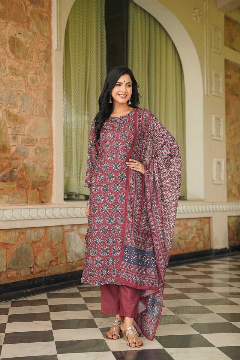 maroon rayon blend ajrakh printed straight kurta trousers with dupatta 