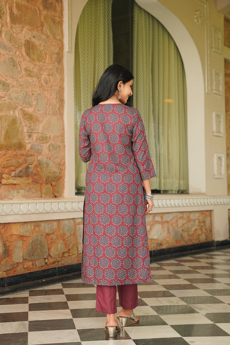 maroon rayon blend ajrakh printed straight kurta trousers with dupatta 
